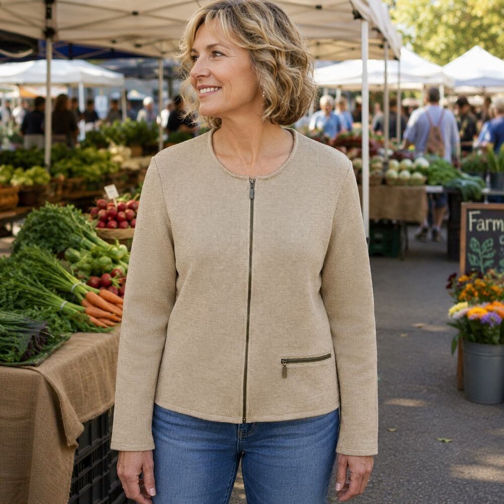 Natural Style 100% Linen Knit Zip Front Cardigan SzL Warm Taupe Quiet Luxury